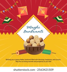  Maghe Sankranti with colorful kites soaring in the sky vibrant thread reels traditional sweets and a red yellow background featuring bursts of light and festive flags symbolizing joy and gratitude