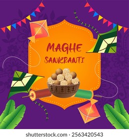  Maghe Sankranti featuring colorful kites thread reels traditional sweets a vibrant purple background with floral patterns and festive flags capturing the joy of the festival







