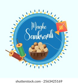 Maghe Sankranti featuring the festival name in a festive font within a circular frame a colorful kite soaring in the sky thread reels for kite flying and a bowl of traditional sweets symbolizing 