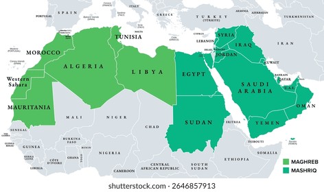 Maghreb and Mashriq, parts of the Arab World, colored political map. Maghreb region, the western part of the Arab World, and opposed the Mashriq region, the eastern part, both located in North Africa.