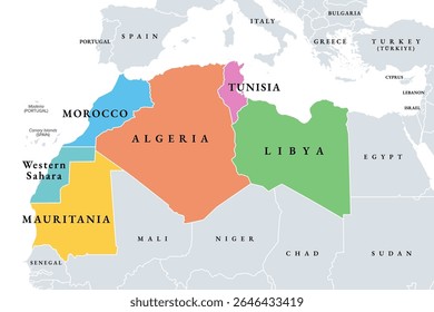 Maghreb, multi colored political map. Also known as Arab Maghreb, and Northwest Africa, a region including Algeria, Libya, Mauritania, Morocco, Tunisia, and the disputed territory of Western Sahara.
