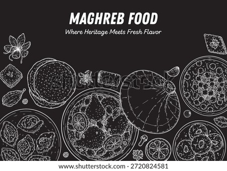 Maghrebi cuisine top view vector illustration. Food menu design template. Hand drawn sketch. Maghreb food menu. Vintage style. Vector drawing illustration.