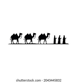 Magi and gifts   camels behind  Black silhouette white background 