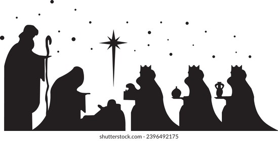 Magi with gifts to Jesus in black and white style