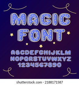 Magic 3d font. Kids letters and numbers with stars. English alphabet and numbers from 0 to 9.