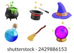 Magic, 3d icon set. Halloween. Vat Potion, magician