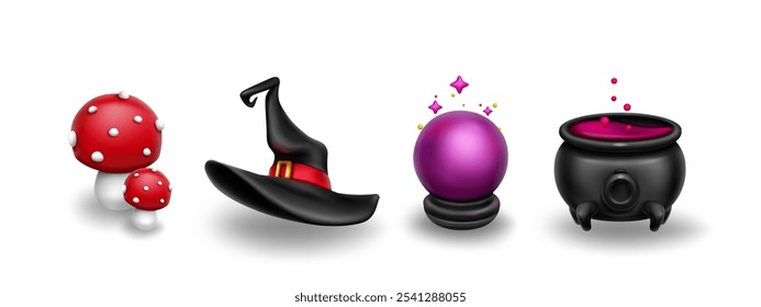 Conjunto de iconos mágicos en 3D: champiñones manchados con gorra roja, sombrero de bruja, bola de adivino de cristal con destellos y caldero con cerveza y poción burbujeante. Objetos de fantasía para la interfaz del juego o diseño de Halloween