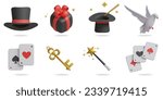 magic 3D vector icon set.
magician hat,gift box,white dove,card,key,magic stick