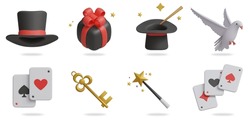Magic 3D Vector Icon Set.
Magician Hat,gift Box,white Dove,card,key,magic Stick