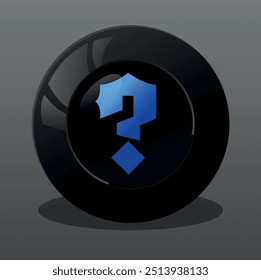 Magic 8 ball. Oracle ball, magic eighth ball. Illustration of a black magic fortune teller ball with a blue question mark inside.