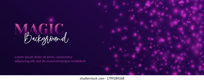 Magic absract vector long banner. Shiny glitter confetti on dark background for social media