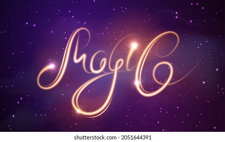 Magic abstract background with Golden neon glowing shiny trail on night sky. Typography poster with golden letters. Vector illustration