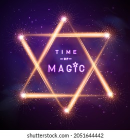 Magic abstract background with Golden neon glowing shiny trail on night sky. Two golden triangles like star shape. Vector illustration