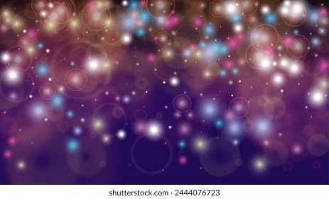 Magic Abstract Defocused Bokeh Circles Background Design.  Christmas snowfall Vector Horizontal Illustration. Cosmic Print. Glitter confetti. Good for Banners, Posters, Covers, Flyers, Cards.