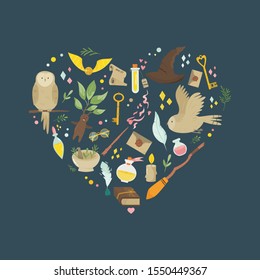 Magic abstract heart shaped design with medieval fairy items, symbols cauldron broom, flask with potions, owls. Vector banner, poster, cover