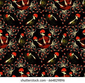 Magic abstract  mushrooms pattern seamless . Flat style for web vector illustration