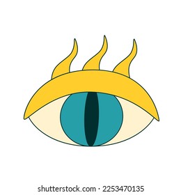 Magic abstract retro 1970 style eye icon. Vintage fantasy oval pupil eye with beams or flame lashes. Psychedelic trippy nostalgia social media sticker. Vector illustration.