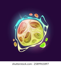 Magic abstract shaped energy ball bubble. Vector isolated futuristic or fantasy planet with craters on surface. Sphere with blots and liquid orb particles. Game design cosmic landscape body