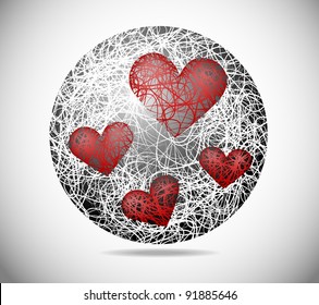 Magic abstract sphere of fine lines with shape hearts