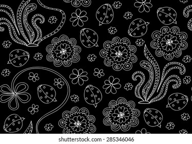 Magic abstract vector seamless pattern with doodles, curling flowers and ladybirds. Endless texture