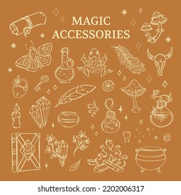 MAGIC ACCESSORIES Astrological Symbol Set For Tarot Card Banner Flyer Poster Sticker Esoteric Witchcraft Hand Drawn Magical Objects Halloween Monochrome Sketch