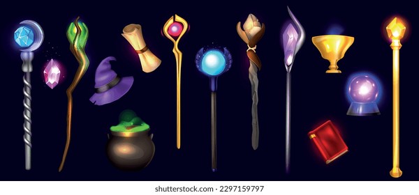 Magic accessories colored set of magician hat witch pot with magical green potion magical wand decorated with jewel realistic vector illustration