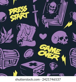 Patrón de accesorios mágicos de colores sin fisuras con mapa del libro y del tesoro cerca del pecho de madera para el diseño de juegos indie ilustración vectorial