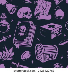 Magic accessories pattern seamless purple book and skull for rituals near chest and sword for game interface design vector illustration