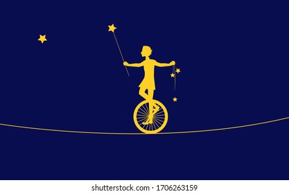 magic acrobat, boy silhouette on uniwheel on the rope with stars, circus on the heavens, dream, vector