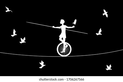 magic acrobat, boy silhouette on uniwheel on the rope with flying pigeons, circus on the heavens,