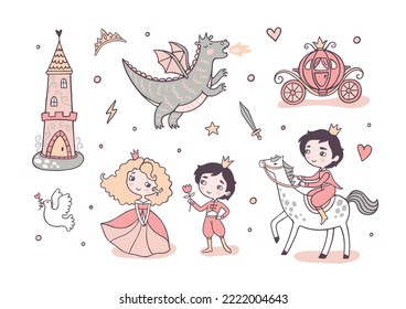 Magic adventures and romance flat color vector characters bundle. Fairy tale characters and items picture on white. Cartoon style illustration.