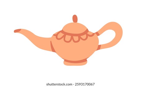 Magic Aladdin lamp. Eastern Arabian teapot with long spout, Arabic retro old style. Mystical myth fairy tale tea pot for wish and luck. Flat vector illustration isolated on white background