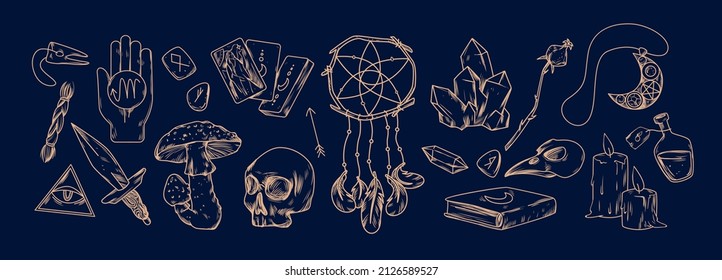 Magic alchemist symbols set vector illustration. Spiritual objects and gothic tattoo on chalkboard, hand drawing occult scary tools, magnificent amulets of witch and candles on dark blue background