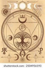 magic alchemy drawing of tree and moon on old parchment color background poster with abstract symbol and writing