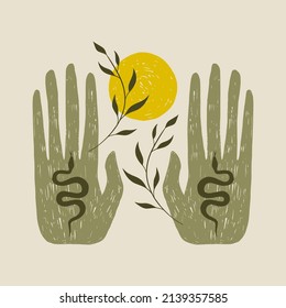 Magic alchemy green hand herbalist green witch vector illustration