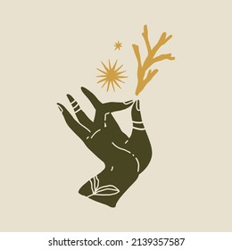 Magic alchemy green hand herbalist green witch vector illustration