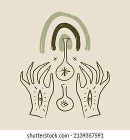 Magic alchemy green hand herbalist green witch vector illustration