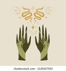 Magic alchemy green hand herbalist green witch vector illustration