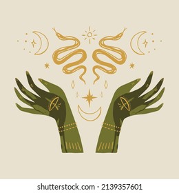 Magic alchemy green hand herbalist green witch vector illustration