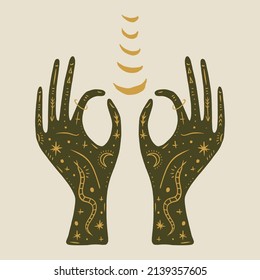 Magic alchemy green hand herbalist green witch vector illustration