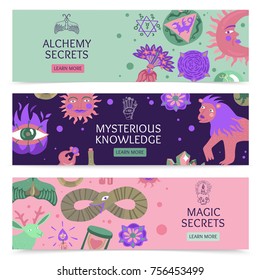 Magic and alchemy secrets and mysterious knowledge horizontal banners with sacred symbols and mystic signs flat vector illustration 