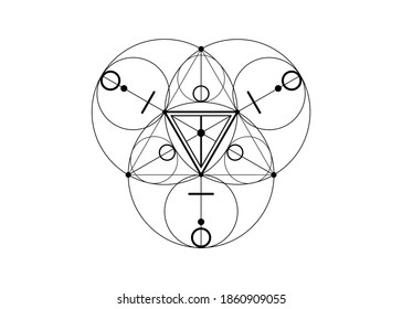 Magic Alchemy symbols, Sacred Geometry. Mandala religion, philosophy, spirituality, occultism concept. Linear triangle with lines and overlapping circles, print vector logo isolated white background 