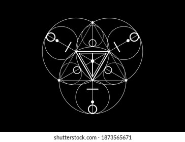 Magic Alchemy symbols, Sacred Geometry. Mandala religion, philosophy, spirituality, occultism concept. Linear triangle with lines and overlapping circles, print vector logo isolated black background 