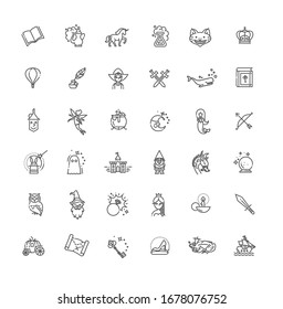 Magic and Alchemy thin line art icons set. Fairy tale, fantasy, fiction book