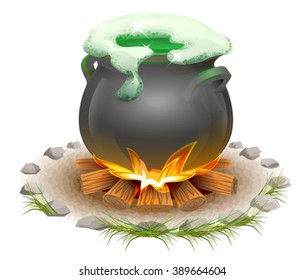 Magic ale St Patricks Day. Full pot on fire. Isolated on white illustration