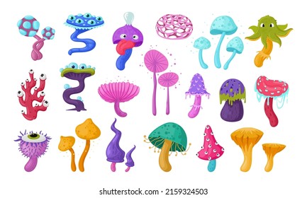 Magic alien psychedelic mushrooms, hallucinogenic forest plants. Cartoon fairytale forest alien mushrooms with faces vector symbols illustrations set. Psychedelic mushrooms collection