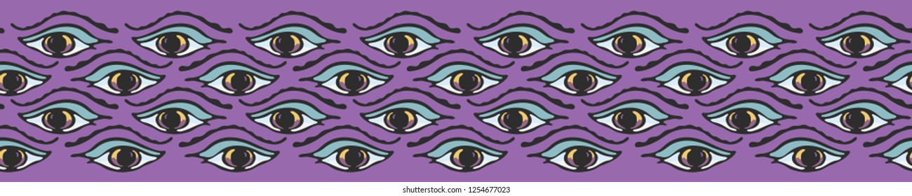 Magic All Seeing Eye Hand Drawn Seamless Vector Border Illustration. Esoteric Spiritual Eyes Symbols for Meditation Journal Background, Ritual Diary Ribbon, New Age Spirit Banner. Lilac Purple Blue