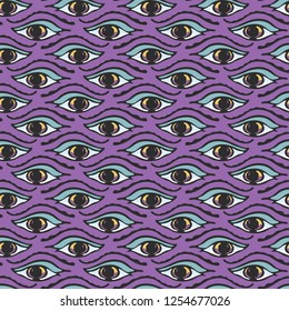 Magic All Seeing Eye Hand Drawn Seamless Vector Pattern Illustration. Esoteric Spiritual Eyes Symbols for Meditation Journal Background, Ritual Diary, New Age Spirit Wallpaper. Lilac Purple Blue