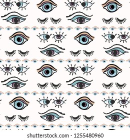 Magic All Seeing Eye Hand Drawn Seamless Vector Pattern Illustration. Esoteric Cartoon Eyes with Eyelashes. Symbols Journal Background, Ritual Diary, New Age Sight Wallpaper. Turquoise  Blue White