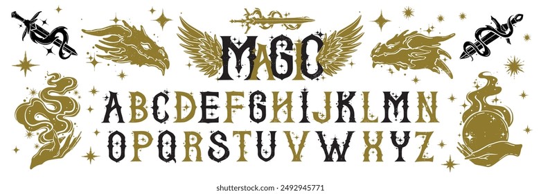 Magic alphabet linocut print, vector fantasy font, fairy tale mystic typeface, dragon head, wings. Mystery engraving letters, mythology gothic decorative sign, poster design object. Magic alphabet abc